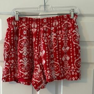 Red Patterned Elastic Waistband Lined Women's Shorts